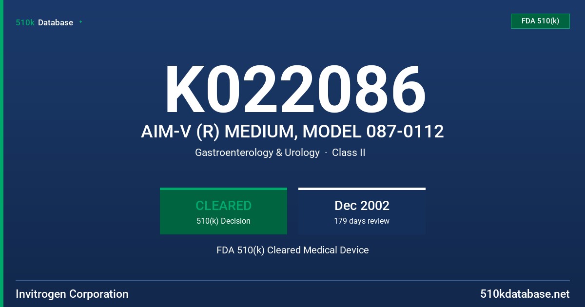 K022086 AIM-V (R) MEDIUM, MODEL 087-0112 FDA 510(k) Cleared Medical Device