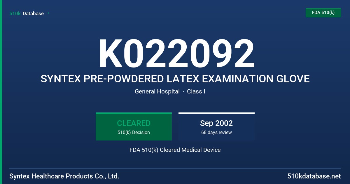 K022092 SYNTEX PRE-POWDERED LATEX EXAMINATION GLOVE FDA 510(k) Cleared Medical Device