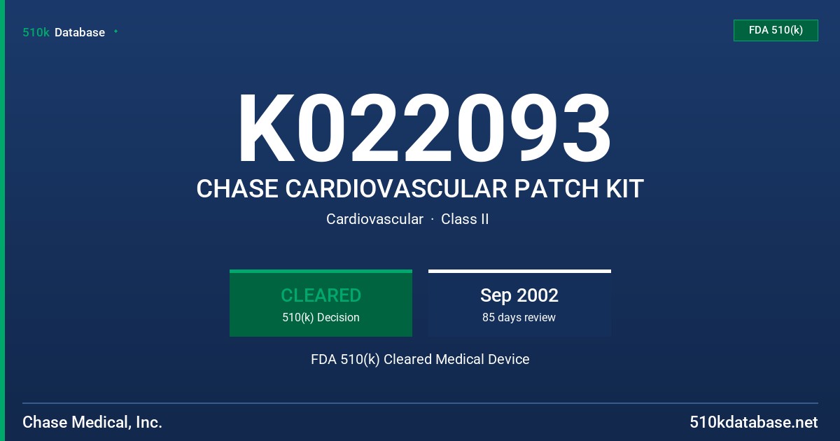 K022093 CHASE CARDIOVASCULAR PATCH KIT FDA 510(k) Cleared Medical Device