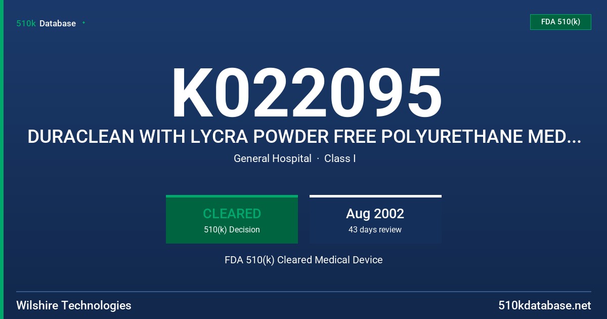 K022095 DURACLEAN WITH LYCRA POWDER FREE POLYURETHANE MEDICAL EXAMINATION GLOVE FDA 510(k) Cleared Medical Device