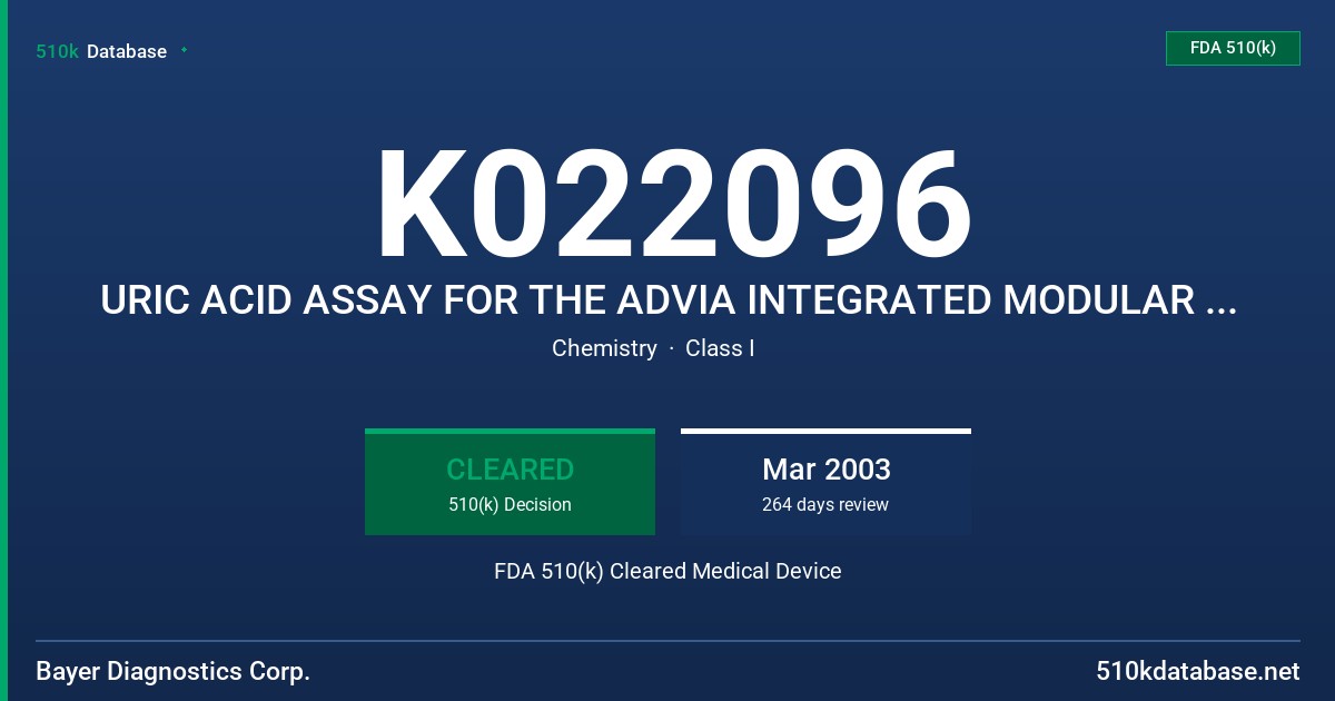 K022096 URIC ACID ASSAY FOR THE ADVIA INTEGRATED MODULAR SYSTEM FDA 510(k) Cleared Medical Device