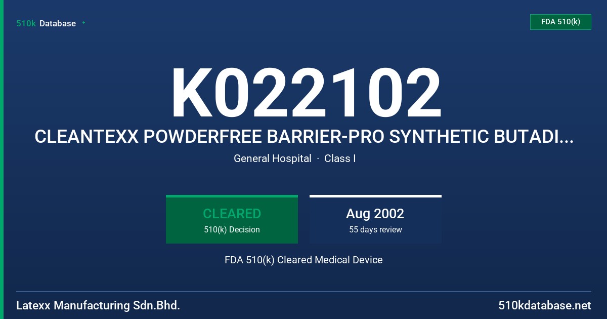 K022102 CLEANTEXX POWDERFREE BARRIER-PRO SYNTHETIC BUTADIENE COPOLYMER EXAMINATION GLOVES, BLUE COLOUR FDA 510(k) Cleared Medical Device
