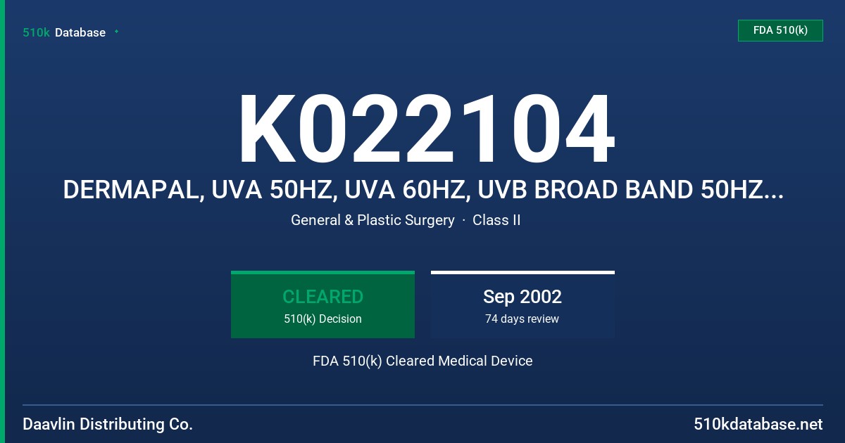 K022104 DERMAPAL, UVA 50HZ, UVA 60HZ, UVB BROAD BAND 50HZ, UVB BROAD BAND 60HZ,UVB NARROW BAND 50HZ, UVB NARROW BAND 60HZ FDA 510(k) Cleared Medical Device