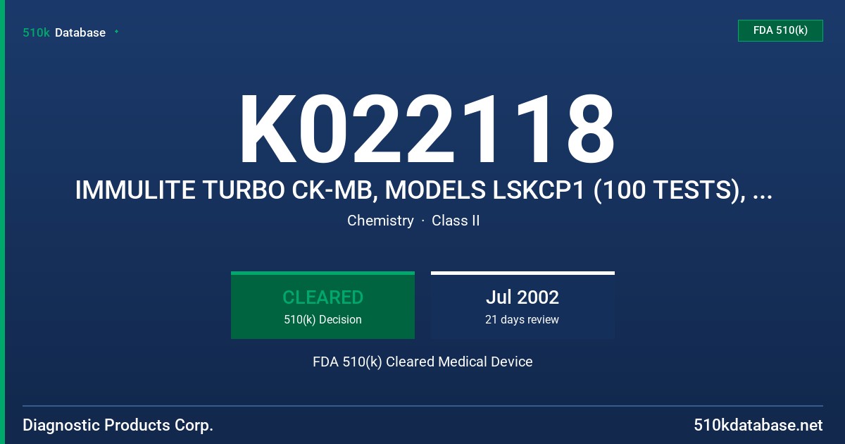 K022118 IMMULITE TURBO CK-MB, MODELS LSKCP1 (100 TESTS), LSKCP5 (500 TESTS) FDA 510(k) Cleared Medical Device