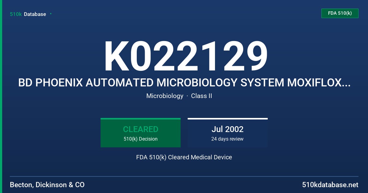 K022129 BD PHOENIX AUTOMATED MICROBIOLOGY SYSTEM MOXIFLOXACIN 0.125-8 UG/ML FDA 510(k) Cleared Medical Device