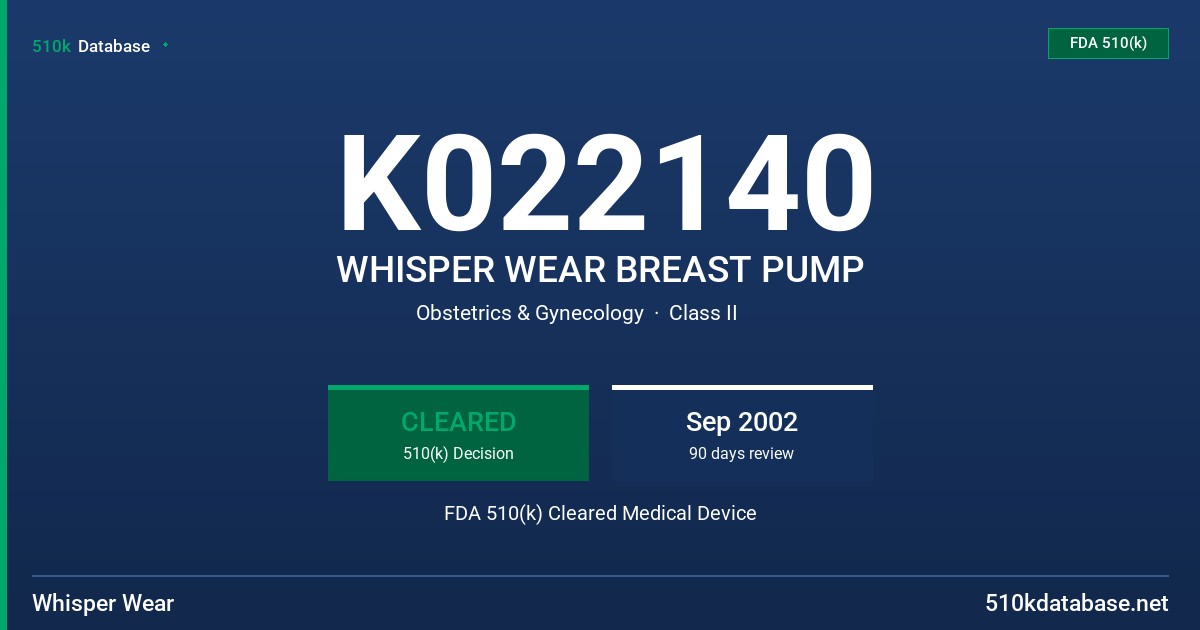 K022140 WHISPER WEAR BREAST PUMP FDA 510(k) Cleared Medical Device