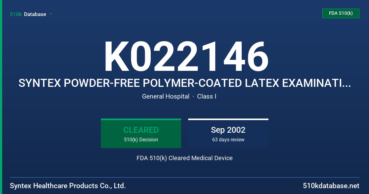 K022146 SYNTEX POWDER-FREE POLYMER-COATED LATEX EXAMINATION GLOVE FDA 510(k) Cleared Medical Device