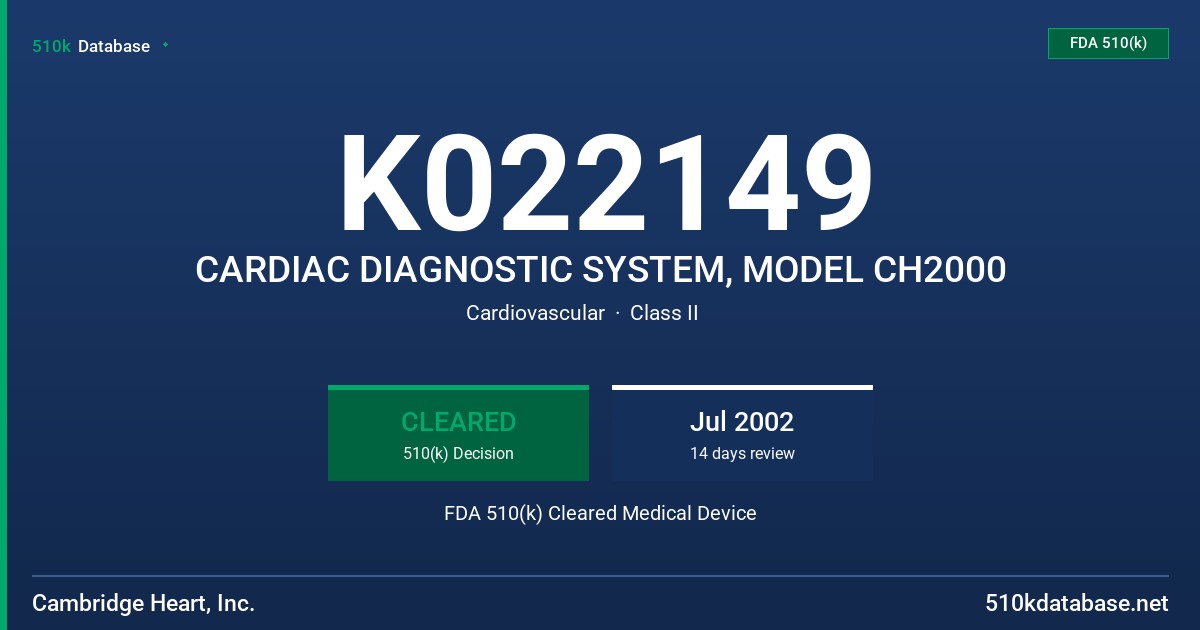 K022149 CARDIAC DIAGNOSTIC SYSTEM, MODEL CH2000 FDA 510(k) Cleared Medical Device