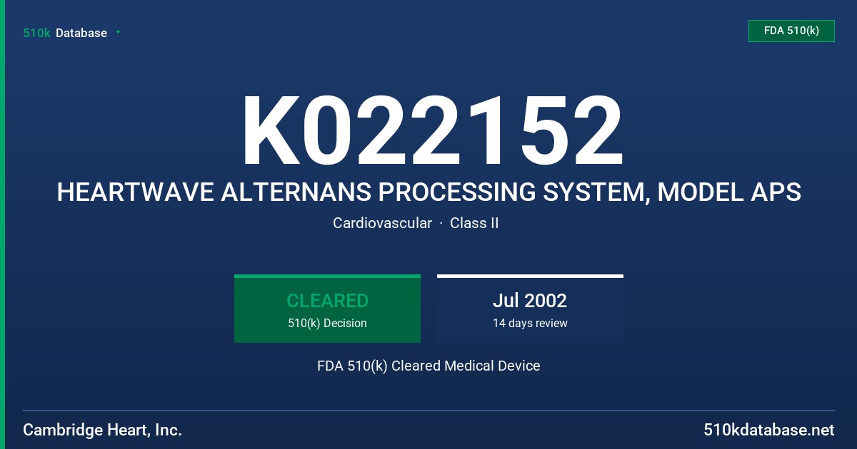 K022152 HEARTWAVE ALTERNANS PROCESSING SYSTEM, MODEL APS FDA 510(k) Cleared Medical Device