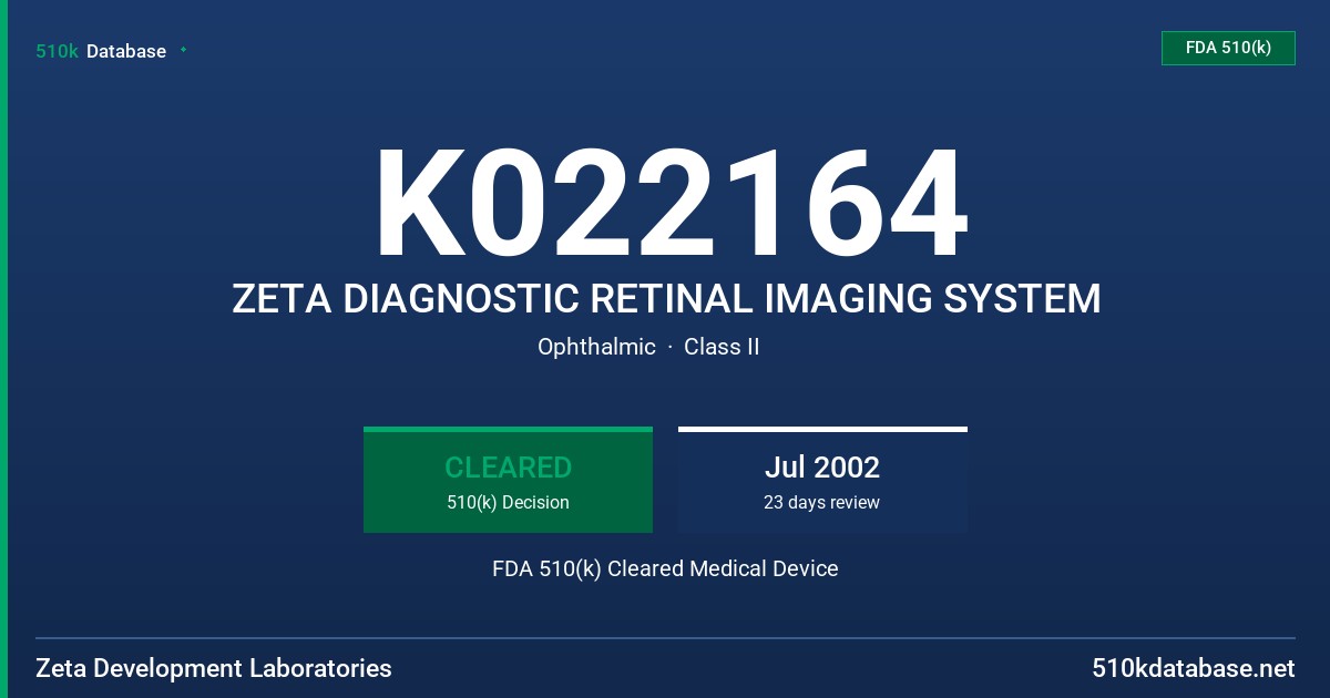 K022164 ZETA DIAGNOSTIC RETINAL IMAGING SYSTEM FDA 510(k) Cleared Medical Device