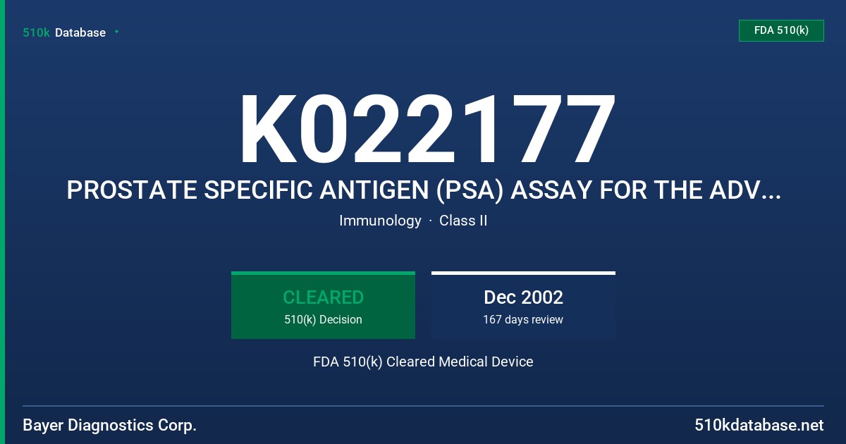 K022177 PROSTATE SPECIFIC ANTIGEN (PSA) ASSAY FOR THE ADVIA INTEGRATED MODULAR SYSTEM FDA 510(k) Cleared Medical Device