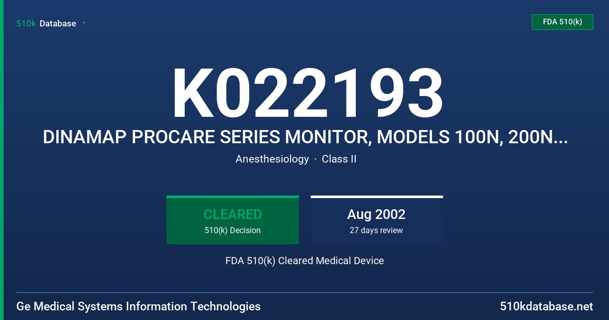 K022193 DINAMAP PROCARE SERIES MONITOR, MODELS 100N, 200N, 300N, 400N FDA 510(k) Cleared Medical Device