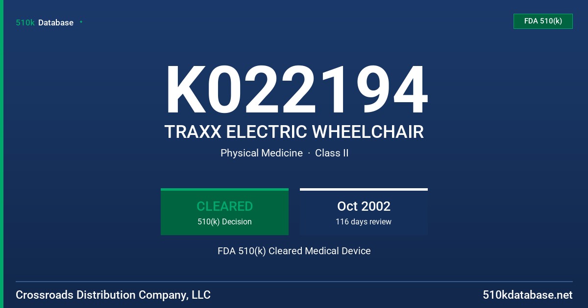 K022194 TRAXX ELECTRIC WHEELCHAIR FDA 510(k) Cleared Medical Device