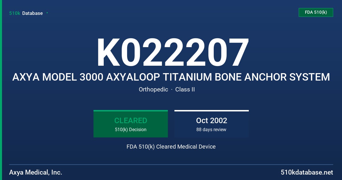 K022207 AXYA MODEL 3000 AXYALOOP TITANIUM BONE ANCHOR SYSTEM FDA 510(k) Cleared Medical Device