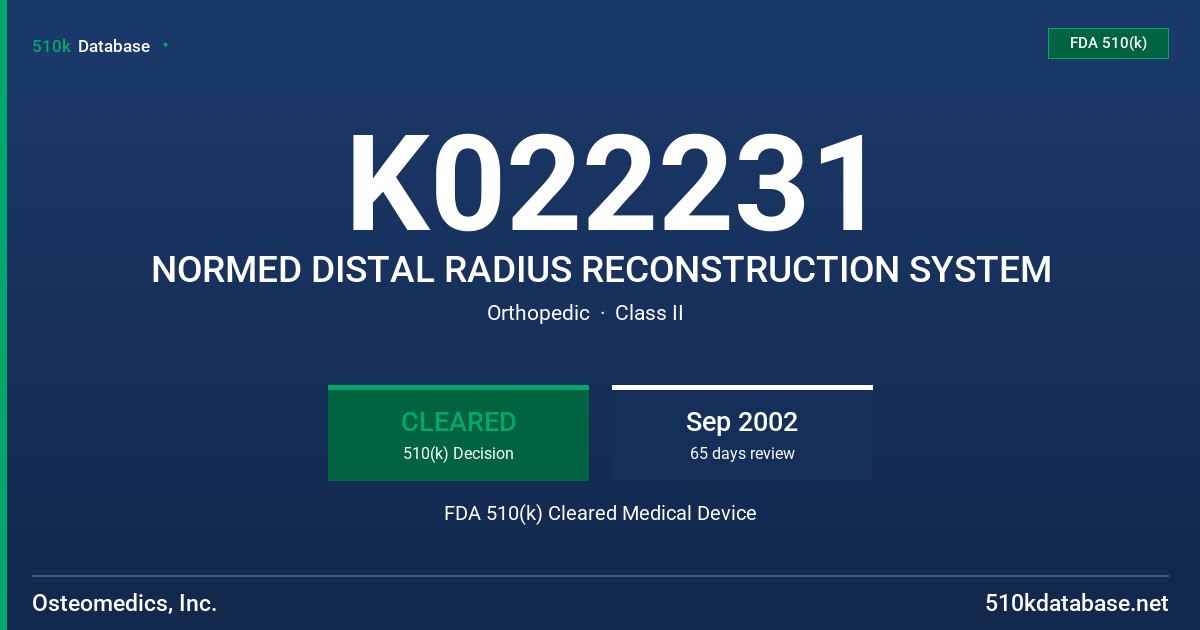 K022231 NORMED DISTAL RADIUS RECONSTRUCTION SYSTEM FDA 510(k) Cleared Medical Device