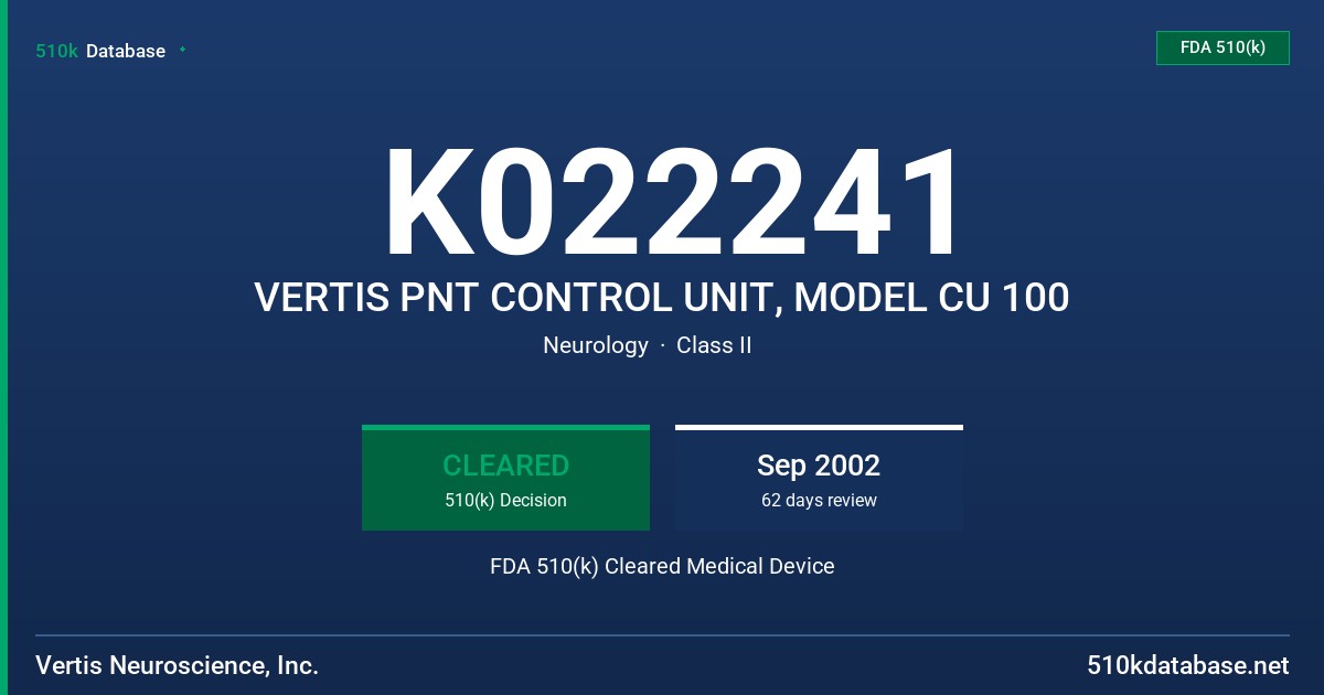 K022241 VERTIS PNT CONTROL UNIT, MODEL CU 100 FDA 510(k) Cleared Medical Device