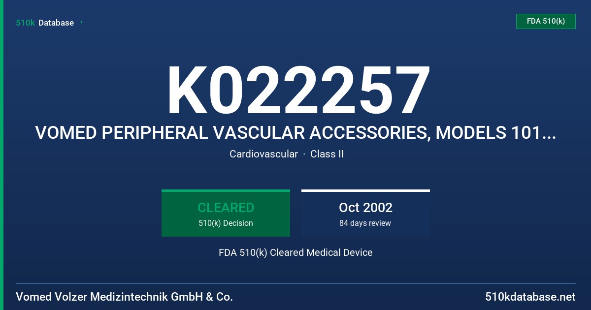 K022257 VOMED PERIPHERAL VASCULAR ACCESSORIES, MODELS 1010 XXX-7090 XXX & 9006 XXX-9011 XXX FDA 510(k) Cleared Medical Device