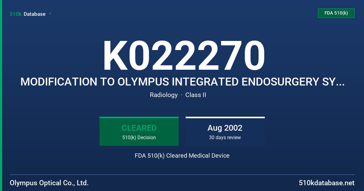 K022270 MODIFICATION TO OLYMPUS INTEGRATED ENDOSURGERY SYSTEM ENDOALPHA FDA 510(k) Cleared Medical Device