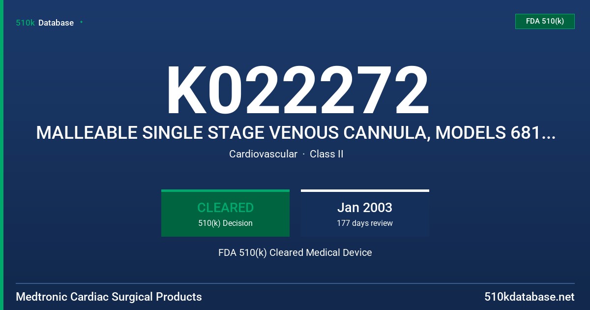 K022272 MALLEABLE SINGLE STAGE VENOUS CANNULA, MODELS 68112-68140 (15 TOTAL CODES) FDA 510(k) Cleared Medical Device