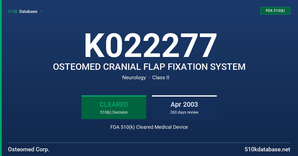 K022277 OSTEOMED CRANIAL FLAP FIXATION SYSTEM FDA 510(k) Cleared Medical Device