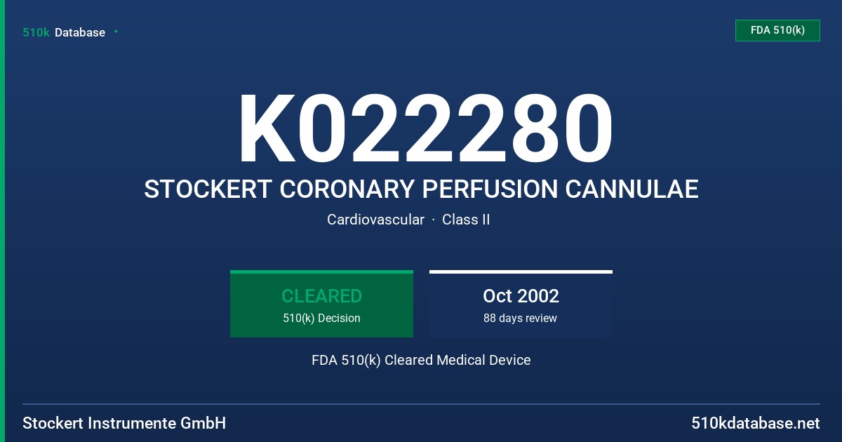 K022280 STOCKERT CORONARY PERFUSION CANNULAE FDA 510(k) Cleared Medical Device