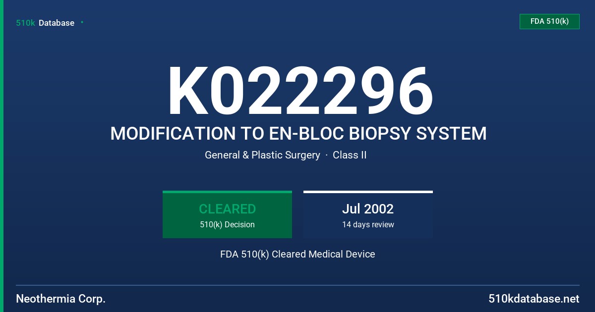 K022296 MODIFICATION TO EN-BLOC BIOPSY SYSTEM FDA 510(k) Cleared Medical Device