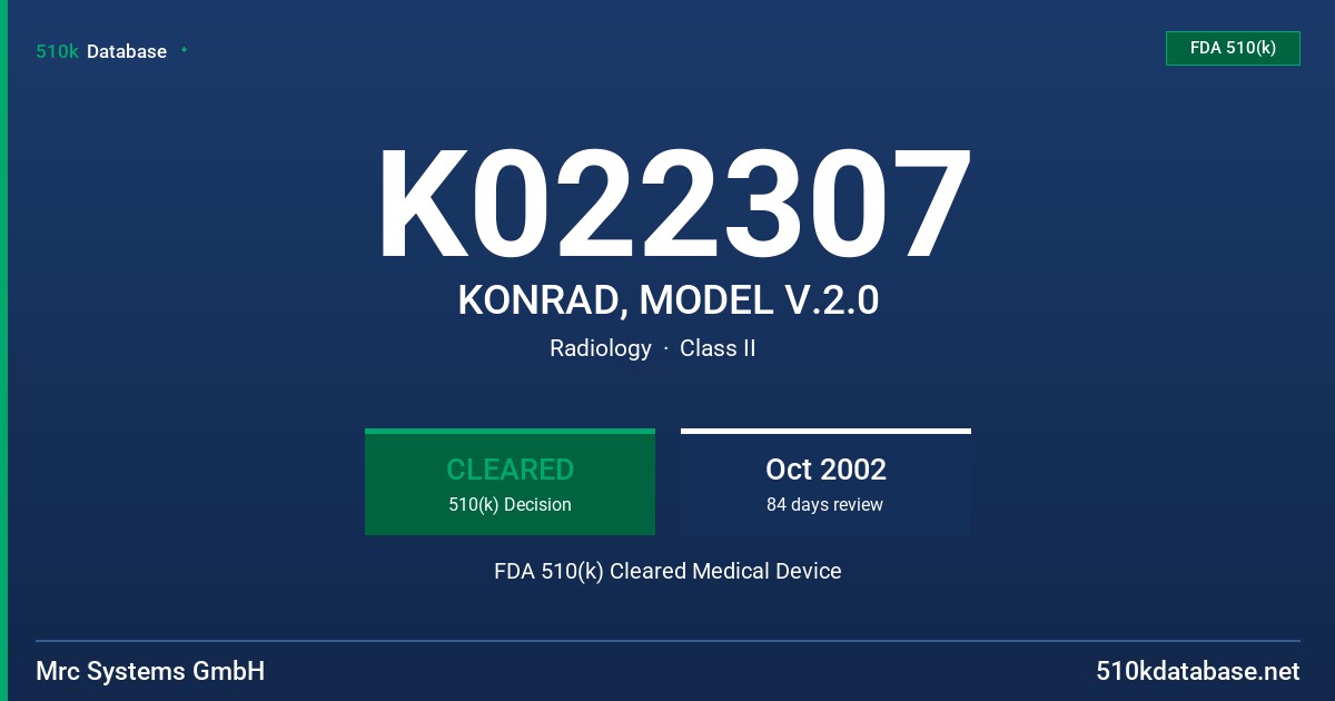 K022307 KONRAD, MODEL V.2.0 FDA 510(k) Cleared Medical Device