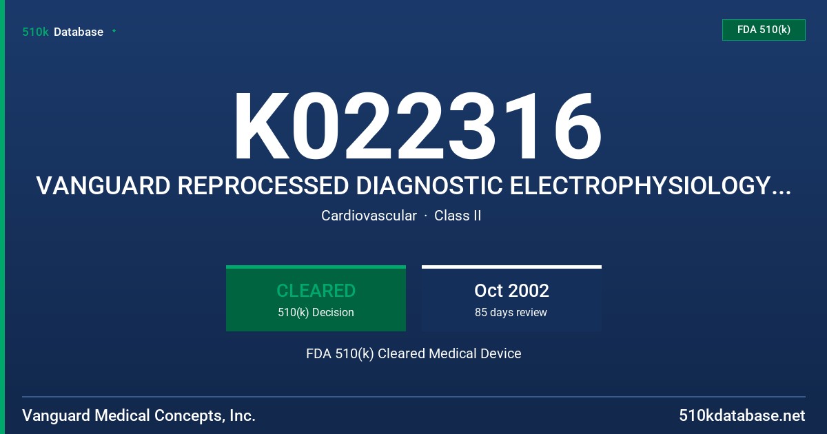 K022316 VANGUARD REPROCESSED DIAGNOSTIC ELECTROPHYSIOLOGY CATHETERS FDA 510(k) Cleared Medical Device