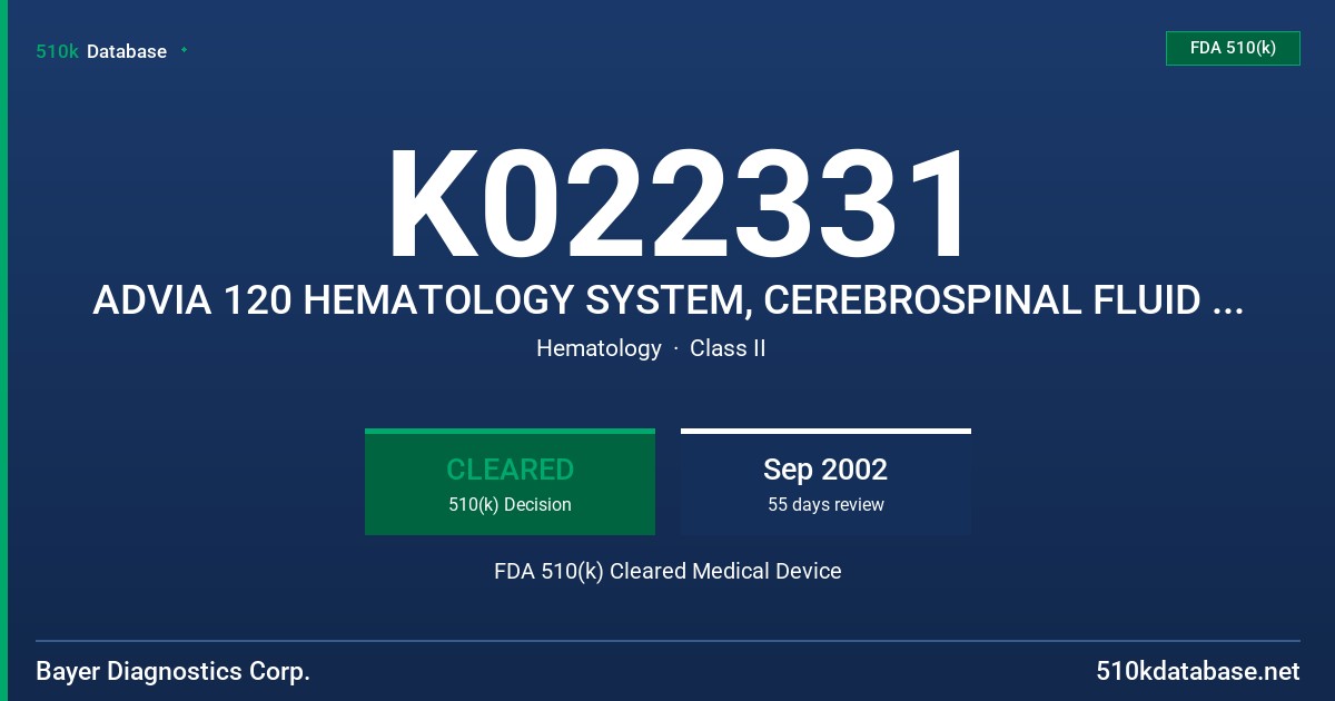 K022331 ADVIA 120 HEMATOLOGY SYSTEM, CEREBROSPINAL FLUID METHOD FDA 510(k) Cleared Medical Device