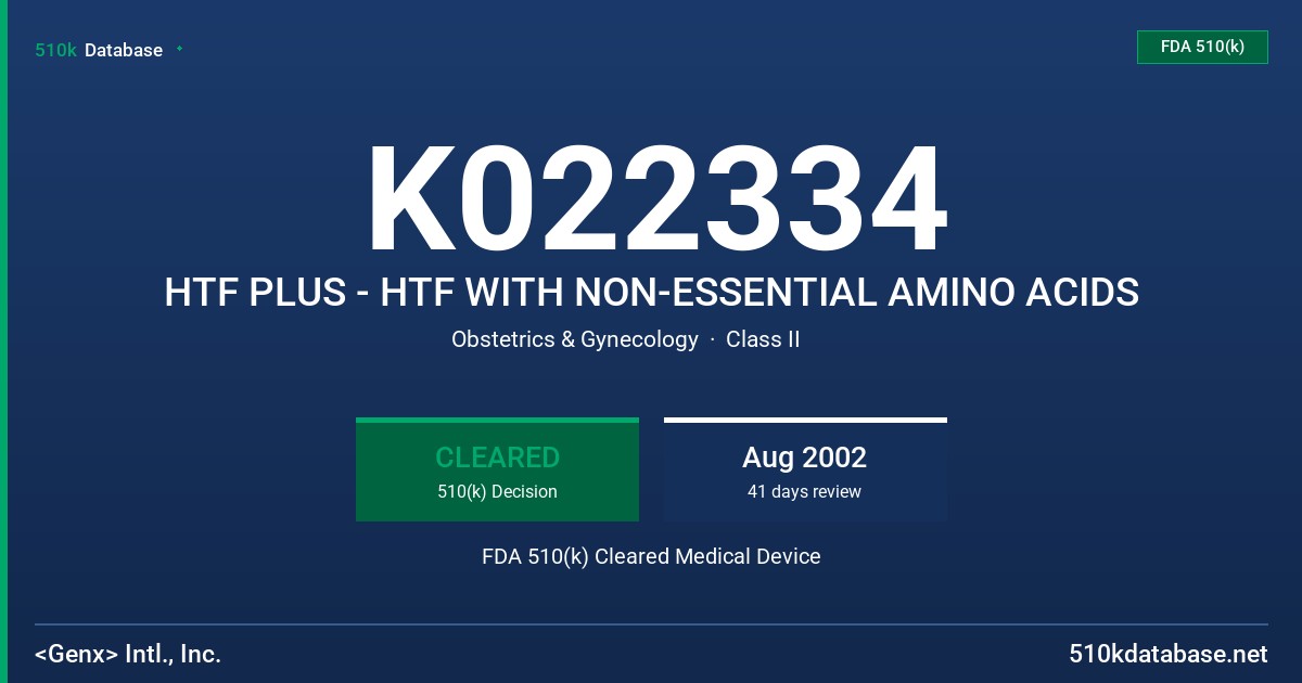 K022334 HTF PLUS - HTF WITH NON-ESSENTIAL AMINO ACIDS FDA 510(k) Cleared Medical Device