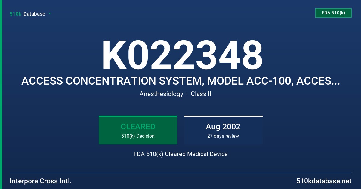 K022348 ACCESS CONCENTRATION SYSTEM, MODEL ACC-100, ACCESS  DISPOSABLE SET, MODEL ADS-2000 FDA 510(k) Cleared Medical Device