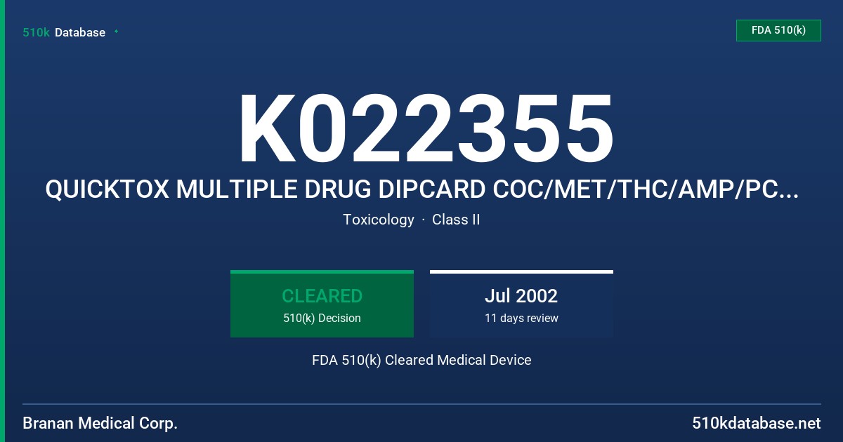 K022355 QUICKTOX MULTIPLE DRUG DIPCARD COC/MET/THC/AMP/PCP/BZO/BAR/MTD/TCA, MODEL QT61 FDA 510(k) Cleared Medical Device