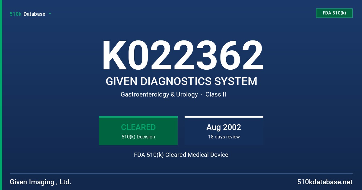 K022362 GIVEN DIAGNOSTICS SYSTEM FDA 510(k) Cleared Medical Device