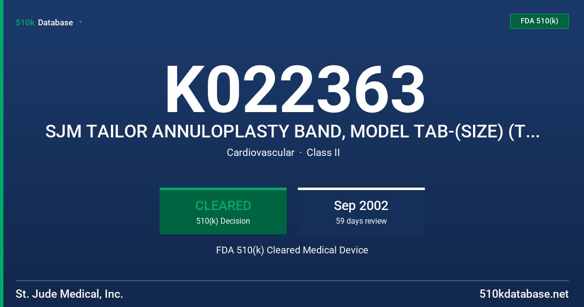 K022363 SJM TAILOR ANNULOPLASTY BAND, MODEL TAB-(SIZE) (TAILOR BAND) FDA 510(k) Cleared Medical Device