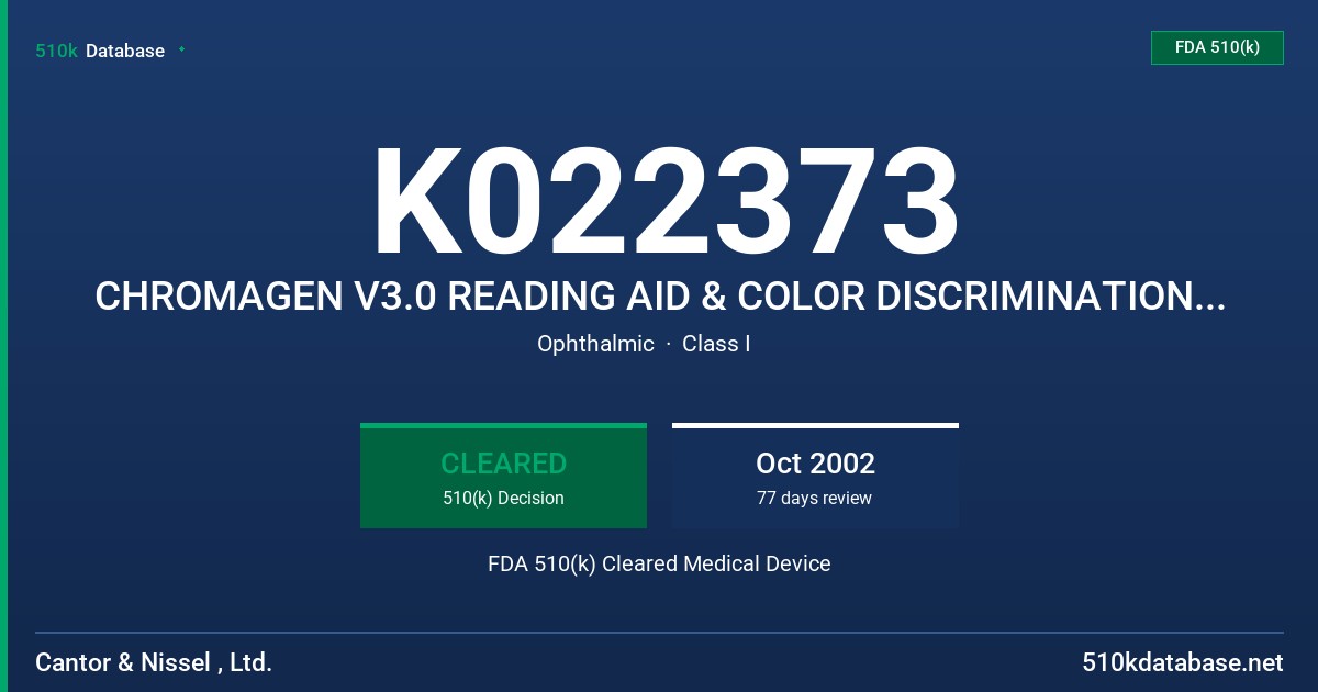 K022373 CHROMAGEN V3.0 READING AID & COLOR DISCRIMINATION ENHANCEMENT SPECTACLE LENS FDA 510(k) Cleared Medical Device