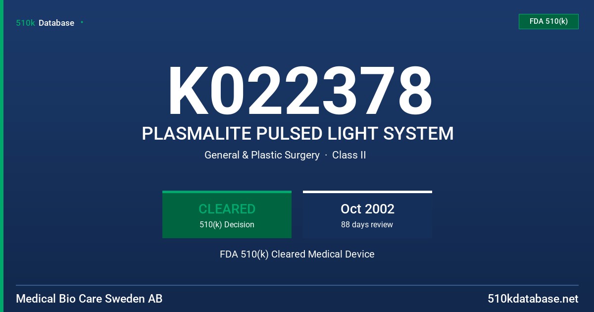 K022378 PLASMALITE PULSED LIGHT SYSTEM FDA 510(k) Cleared Medical Device