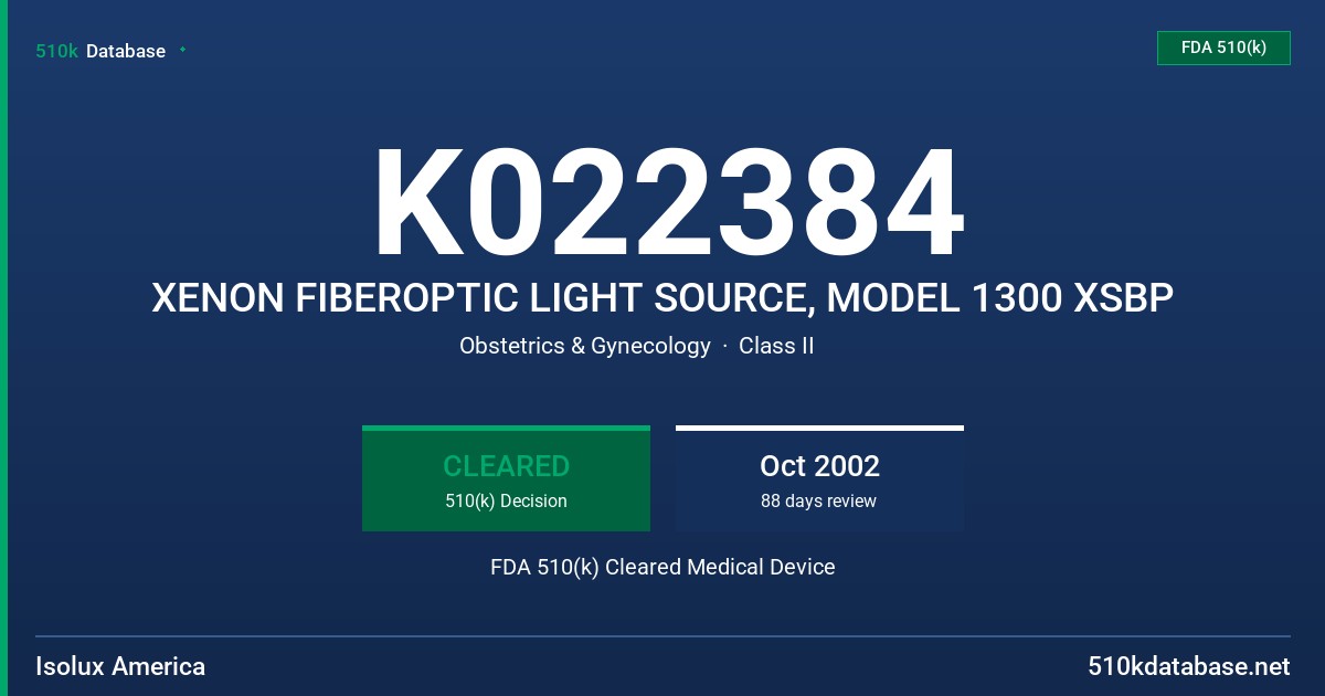 K022384 XENON FIBEROPTIC LIGHT SOURCE, MODEL 1300 XSBP FDA 510(k) Cleared Medical Device