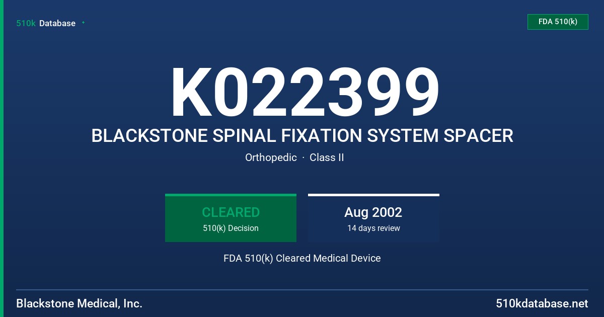 K022399 BLACKSTONE SPINAL FIXATION SYSTEM SPACER FDA 510(k) Cleared Medical Device