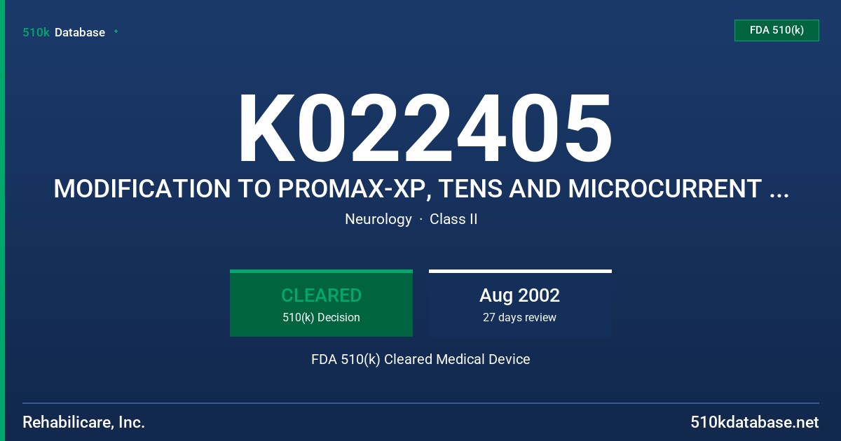 K022405 MODIFICATION TO PROMAX-XP, TENS AND MICROCURRENT DEVICE FDA 510(k) Cleared Medical Device