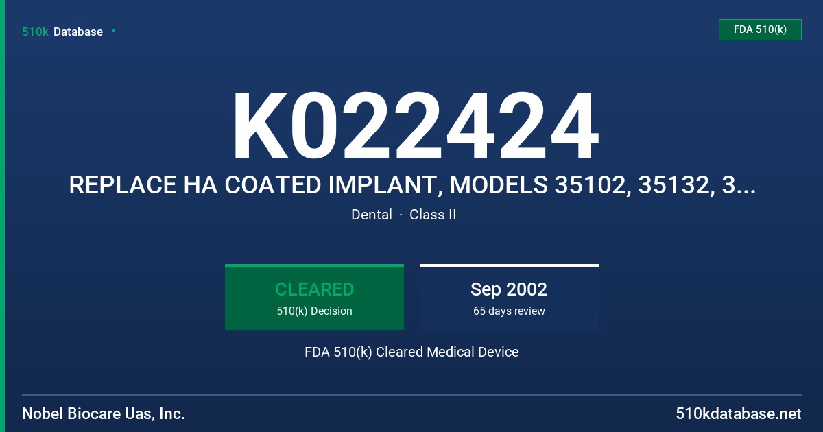 K022424 REPLACE HA COATED IMPLANT, MODELS 35102, 35132, 35162, 43102, 43132, 43162, 50102, 50132, 50162, 60102, 60132 & 60162 FDA 510(k) Cleared Medical Device