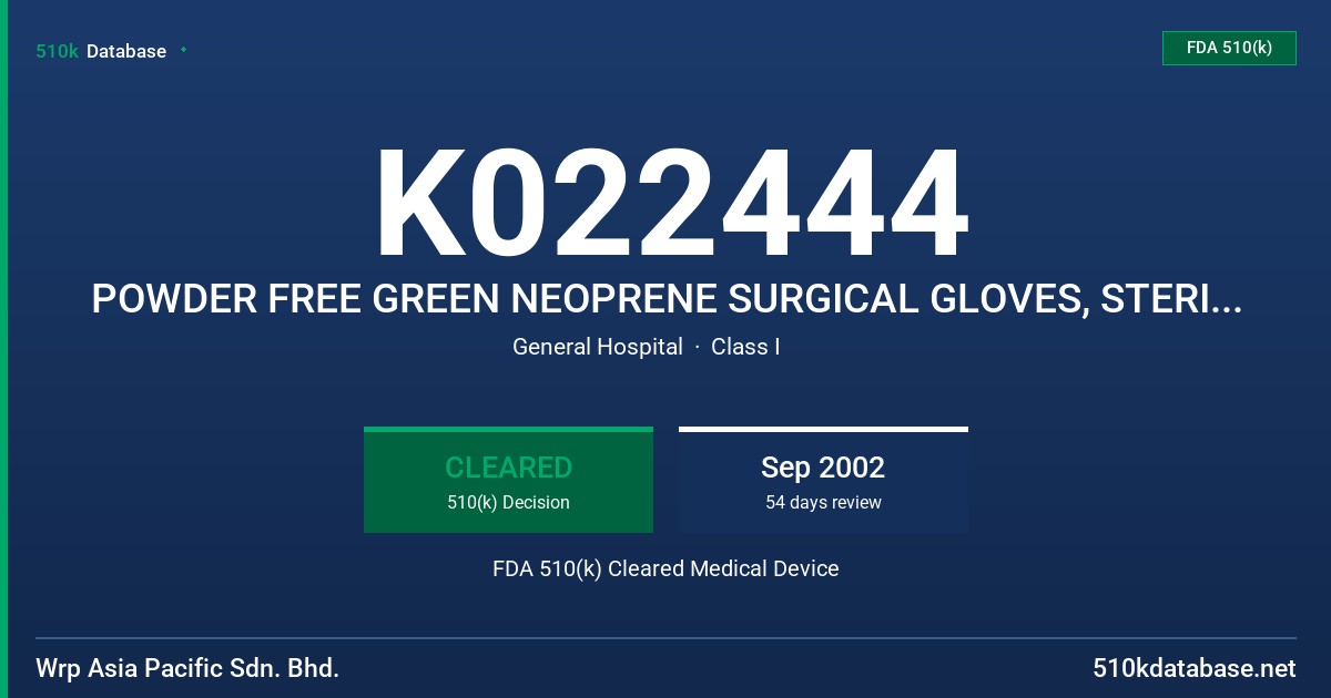 K022444 POWDER FREE GREEN NEOPRENE SURGICAL GLOVES, STERILE WITH ALOE VERA FDA 510(k) Cleared Medical Device