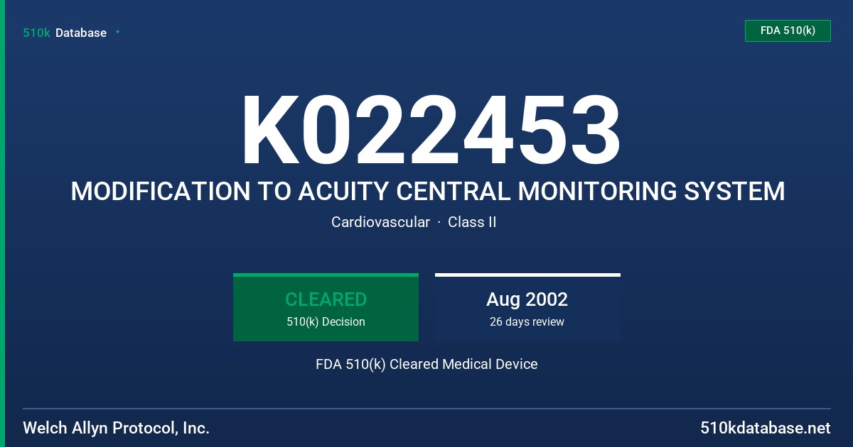 K022453 MODIFICATION TO ACUITY CENTRAL MONITORING SYSTEM FDA 510(k) Cleared Medical Device