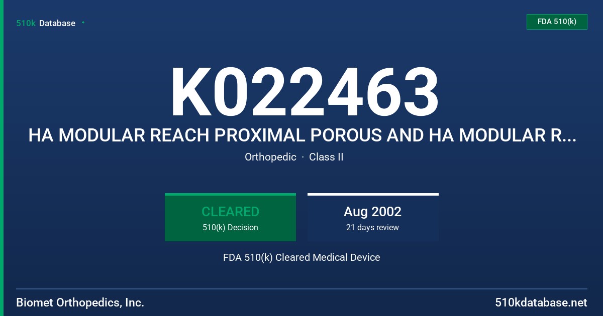 K022463 HA MODULAR REACH PROXIMAL POROUS AND HA MODULAR REACH COLLARED PROXIMAL POROUS FEMORAL STEMS FDA 510(k) Cleared Medical Device