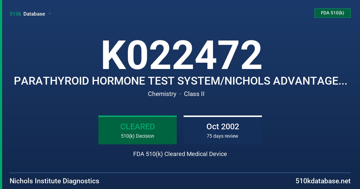 K022472 PARATHYROID HORMONE TEST SYSTEM/NICHOLS ADVANTAGE QUICK-INTRAOPERATIVE BIO-INTACT PTH (1-84) FDA 510(k) Cleared Medical Device