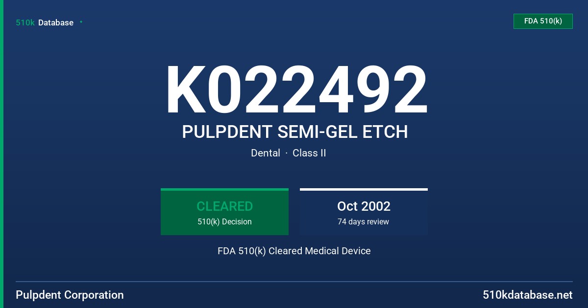 K022492 PULPDENT SEMI-GEL ETCH FDA 510(k) Cleared Medical Device