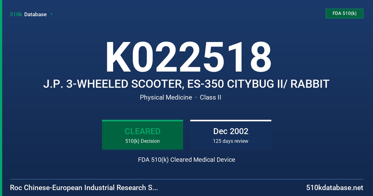 K022518 J.P. 3-WHEELED SCOOTER, ES-350 CITYBUG II/ RABBIT FDA 510(k) Cleared Medical Device