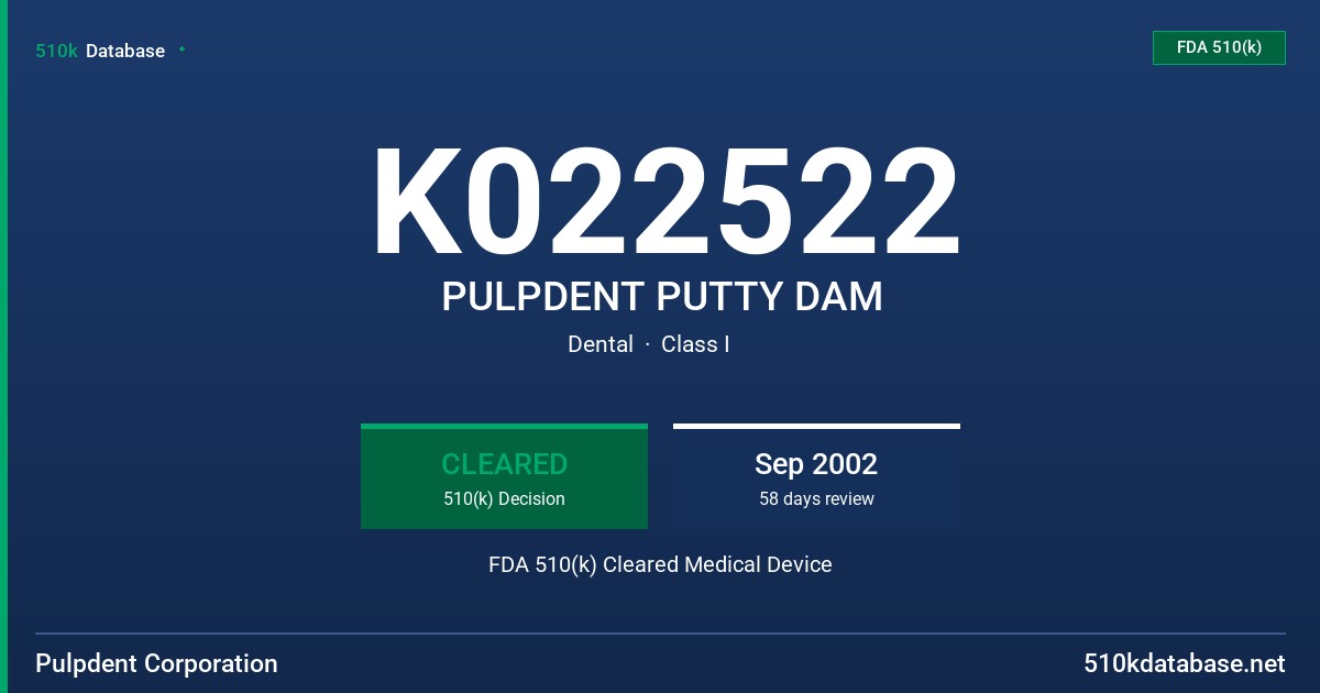 K022522 PULPDENT PUTTY DAM FDA 510(k) Cleared Medical Device