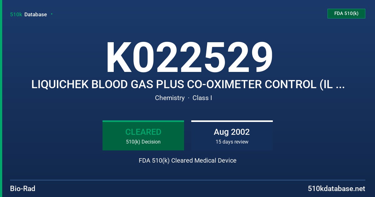 K022529 LIQUICHEK BLOOD GAS PLUS CO-OXIMETER CONTROL (IL SYNTHESIS SERIES) LEVELS 1,2, AND 3, MODELS 667,668,669 FDA 510(k) Cleared Medical Device