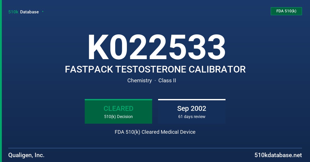 K022533 FASTPACK TESTOSTERONE CALIBRATOR FDA 510(k) Cleared Medical Device
