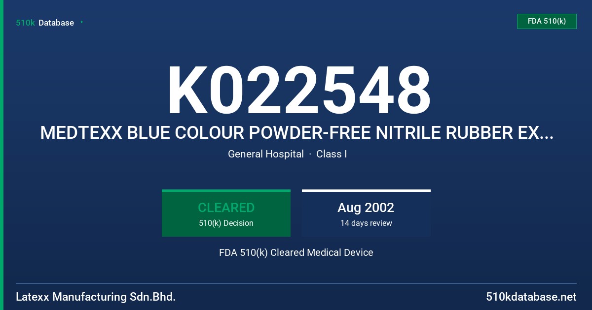 K022548 MEDTEXX BLUE COLOUR POWDER-FREE NITRILE RUBBER EXAMINATION GLOVES FDA 510(k) Cleared Medical Device